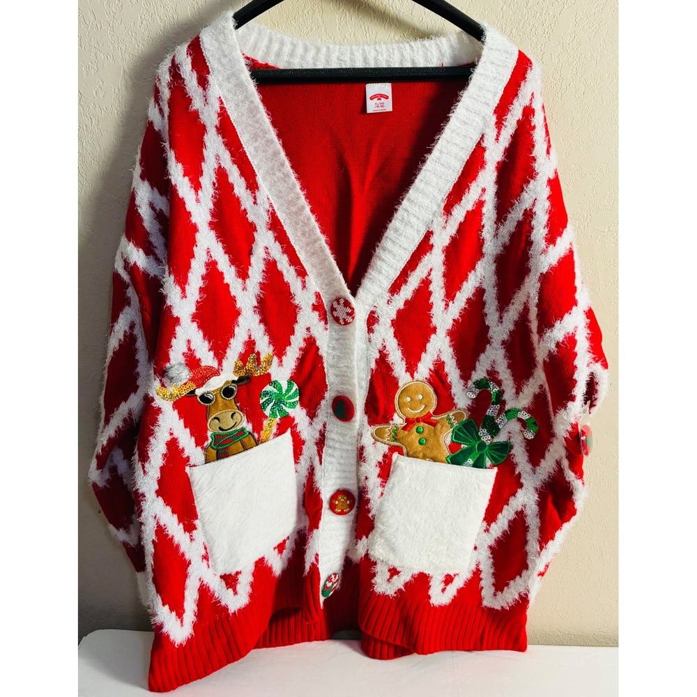Holiday Time Christmas Cardigan Red Diamond Reindeer Gingerbread XL 16-18 READ